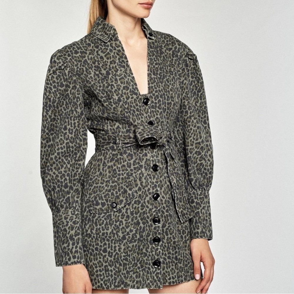 Marissa Webb Mera Leopard Utility Trench Mini Dress Green Size 8
